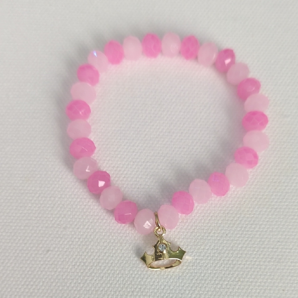 Pink Beaded Bracelet with Gold Crown Charm